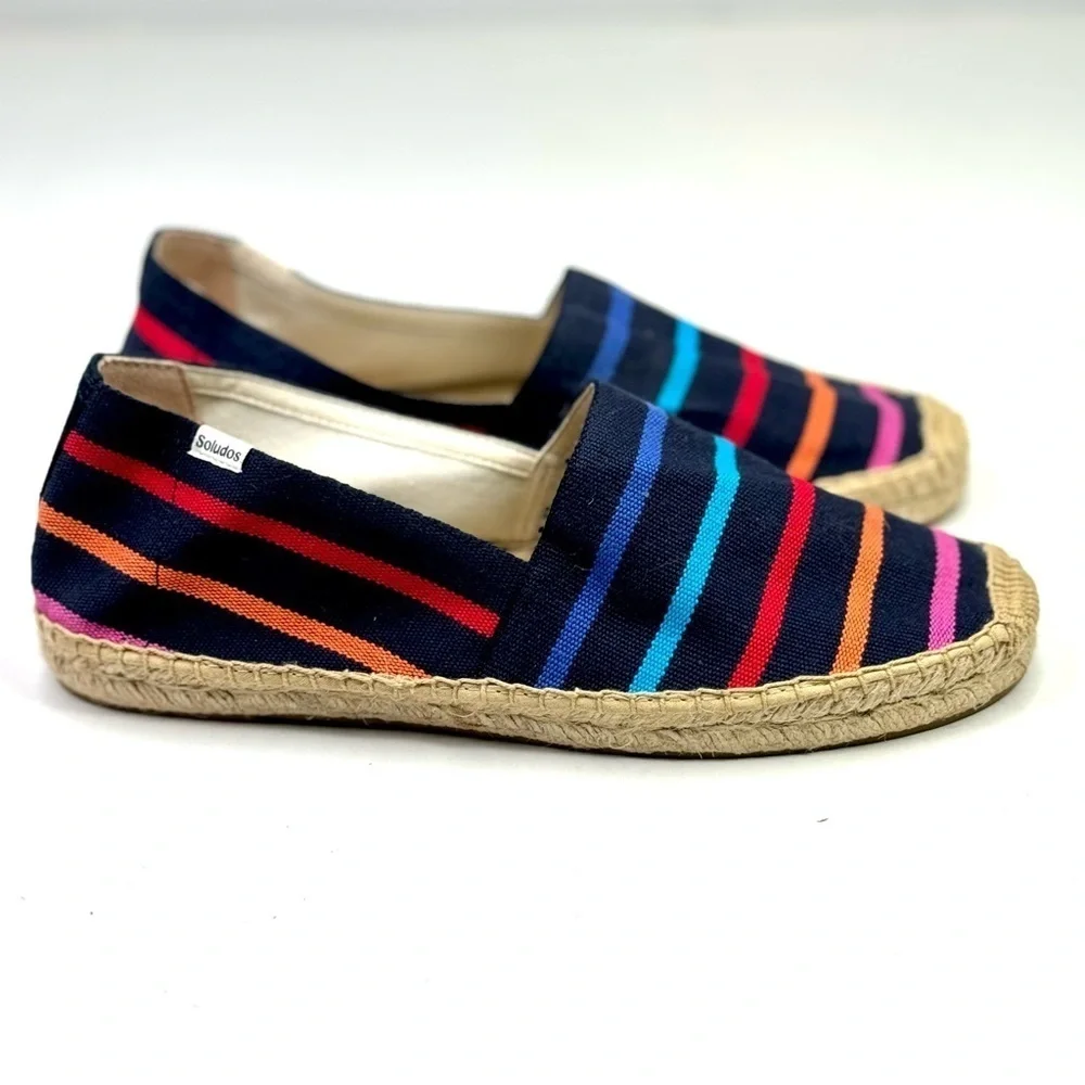 Soludos The Dali rainbow striped espadrilles navy background recycled cotton 9